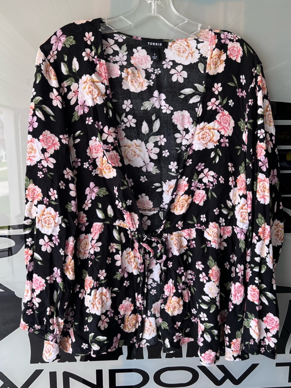 Torrid Black Floral Top with Pink and Cream Roses